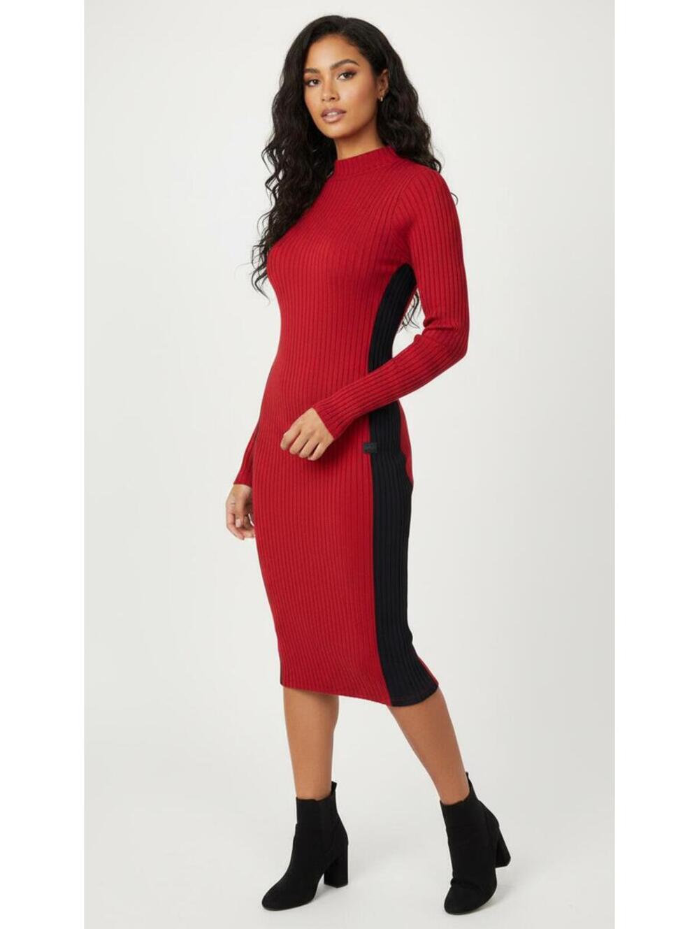 Chic Ribbed Long Sleeve Dress - Red & Navy